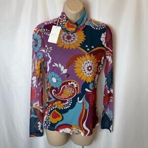 NWT Johnny Was S Rebecca Mesh Mock Neck Long Sleeve Tee Dopamine Colorful Y2K